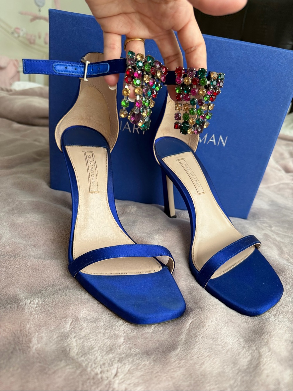 Stuart Weitzman Cobalt Blue Satin Crystal-Ankle Strap Heels Size 8